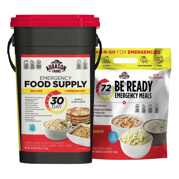 Augason Farms Deluxe 30-Day Emergency Food Supply 5-Gallon Survival Food with 72-Hour Be Ready On-The-Go Kit - At Your Door