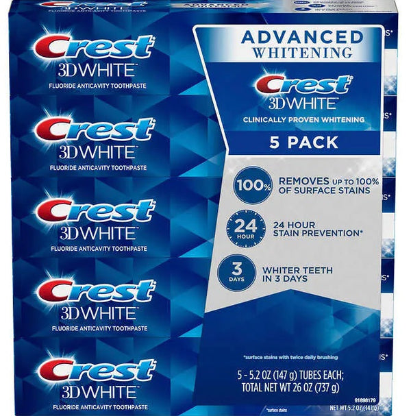 Crest 3D White Advanced Whitening Toothpaste, 5.2 oz, 5-count - At Your Door