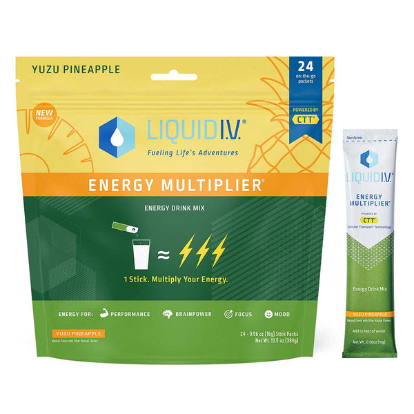 Liquid I.V. Energy Multiplier Yuzu Pineapple, 24 Individual Serving Stick Packs Resealable Pouch - At Your Door