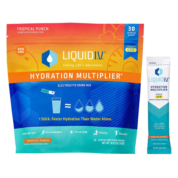Liquid I.V. Hydration Multiplier, 30 Individual Serving Stick Packs Resealable Pouch, Tropical Punch - At Your Door